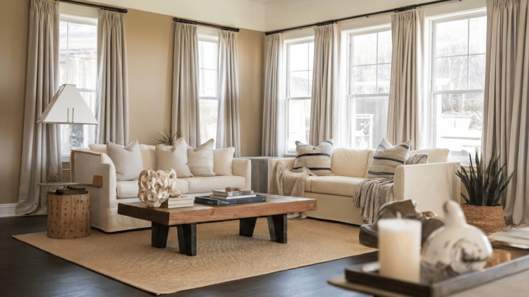 cozy living room with neutral tones, wood accents, and large windows offering natural light.