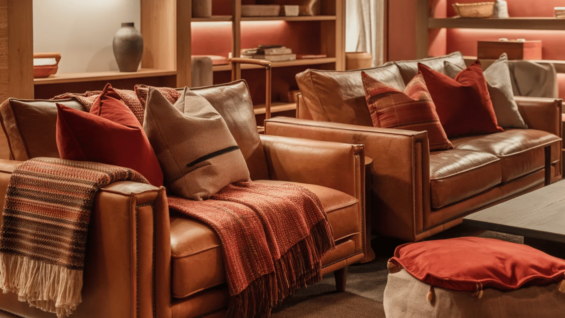 cozy living room with textured throws and pillows in earthy tones