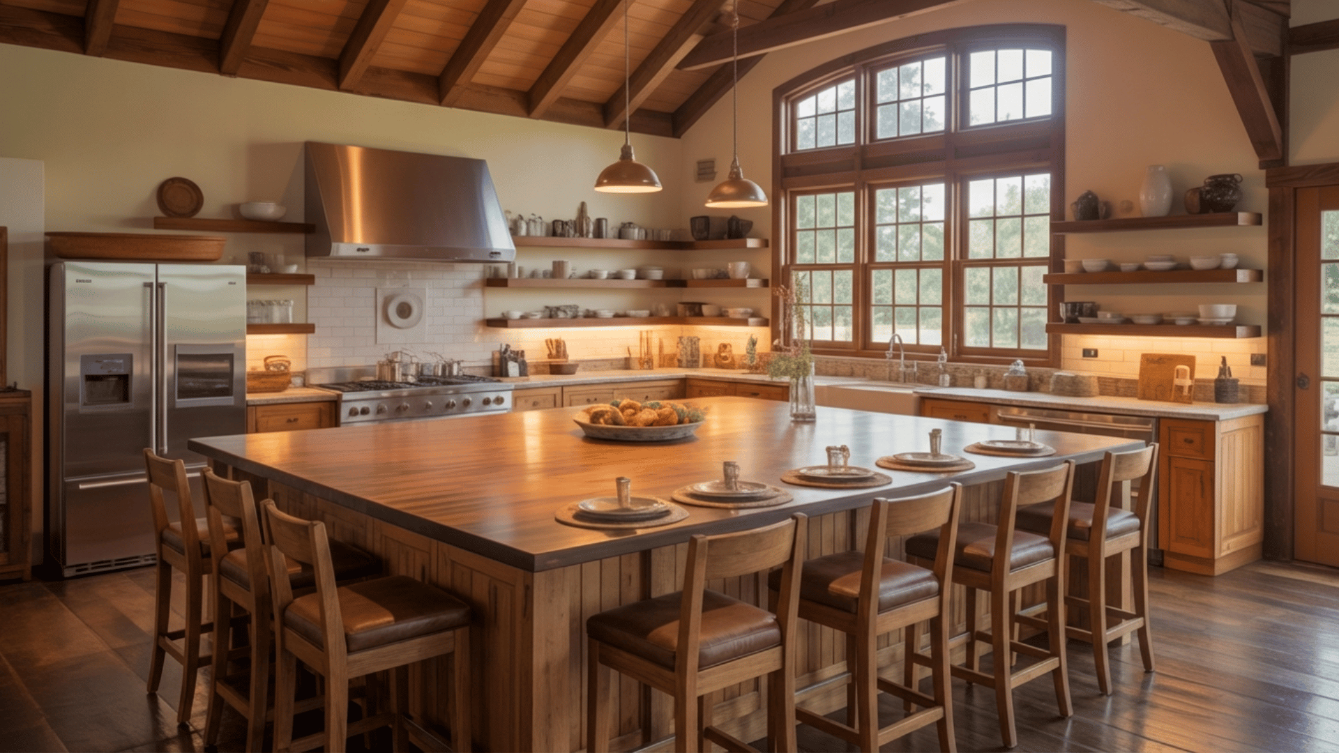 cozy, multi-functional kitchen with built-in breakfast nook, open shelving, and high-end appliance