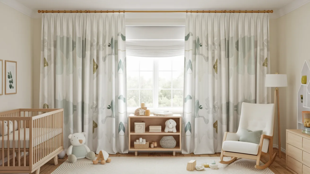 cozy nursery room with soft neutral tones and gentle light coming through a central window framed by patterned curtains on both sides. (1)