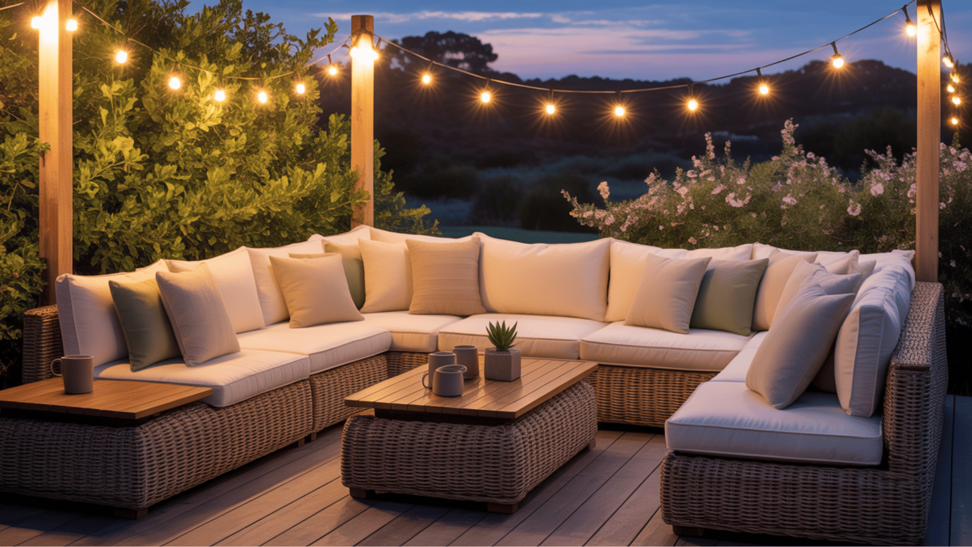 cozy outdoor lounge area with plush seating and soft lighting