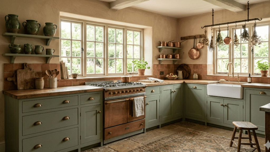 cozy sage green kitchen featuring natural wood countertops, warm fairy lights, and herb pots.