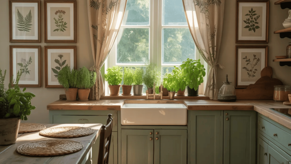 cozy sage green kitchen with potted herbs, botanical wall art, and a white sink.