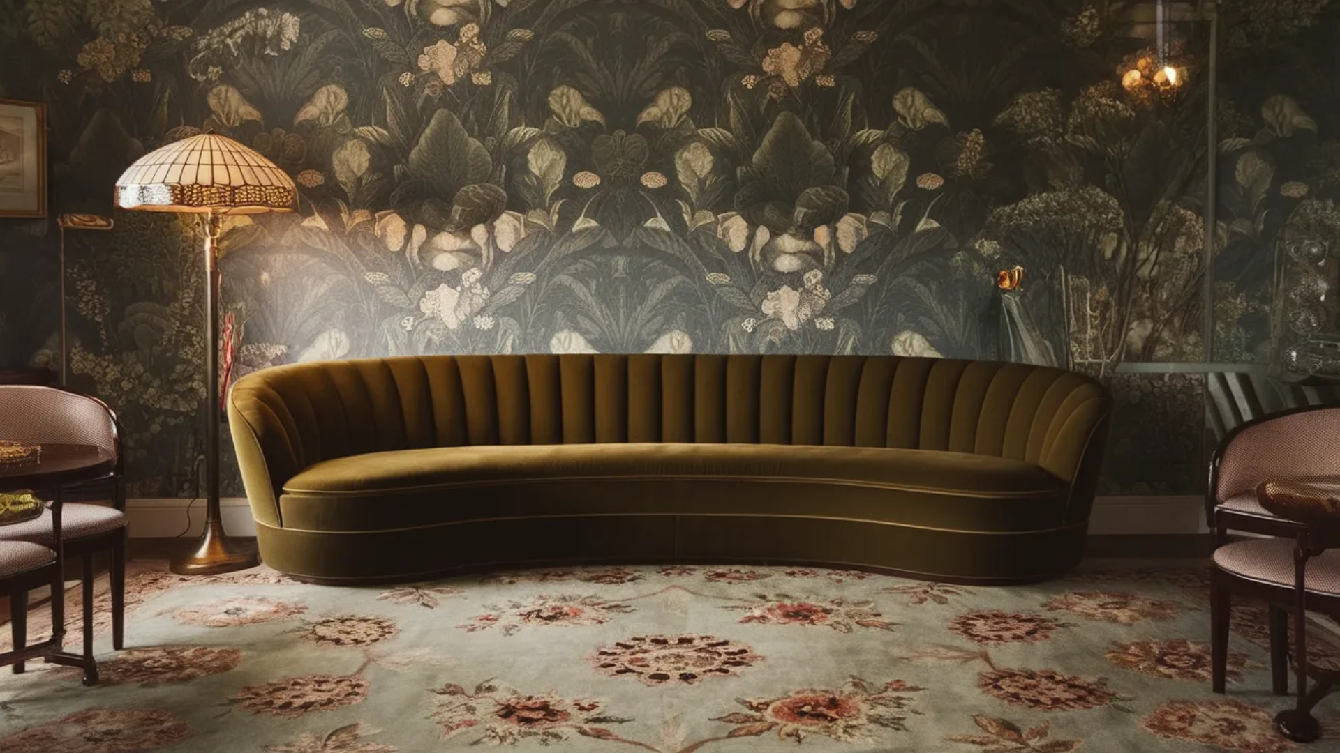 cozy, vintage-inspired living room with rich textures and elegant floral wallpaper