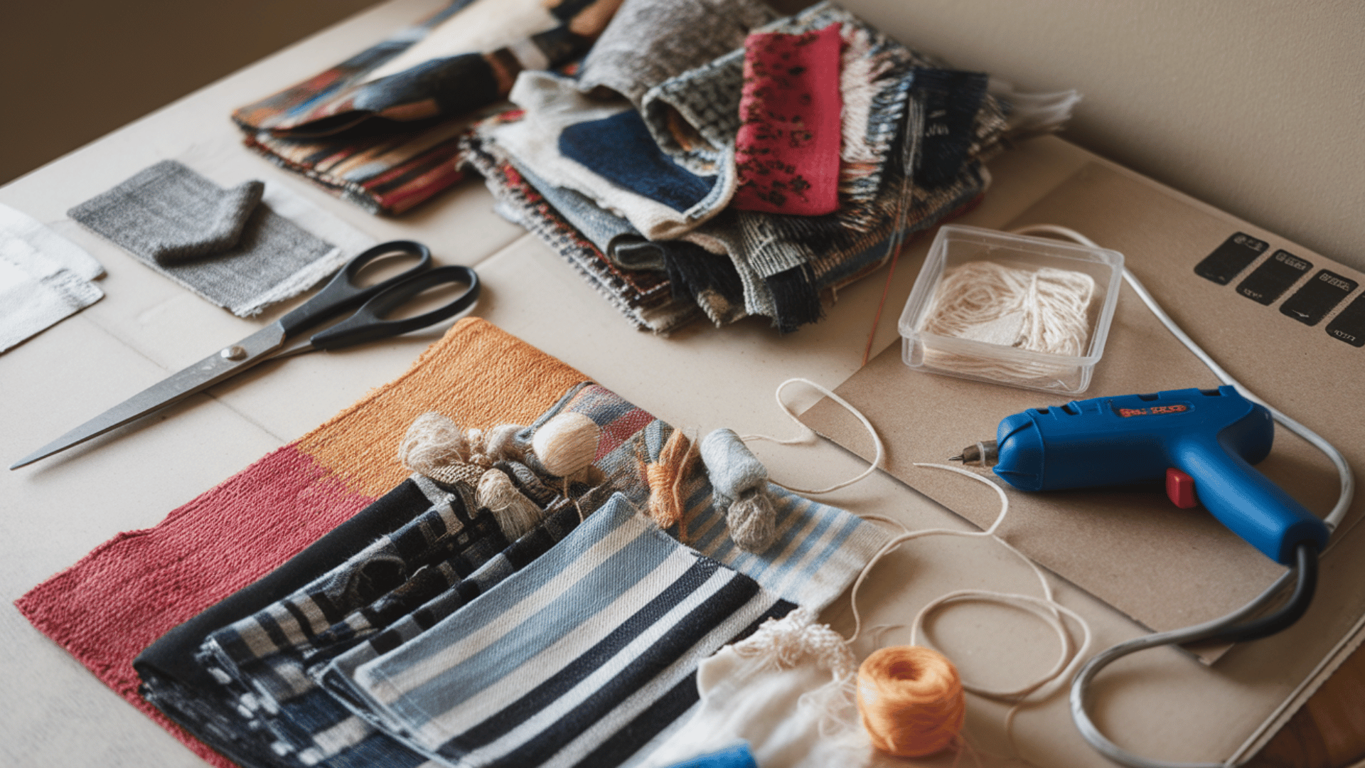 crafting table with various fabric scraps, scissors, thread, and a hot glue gun, all set for making a rag rug