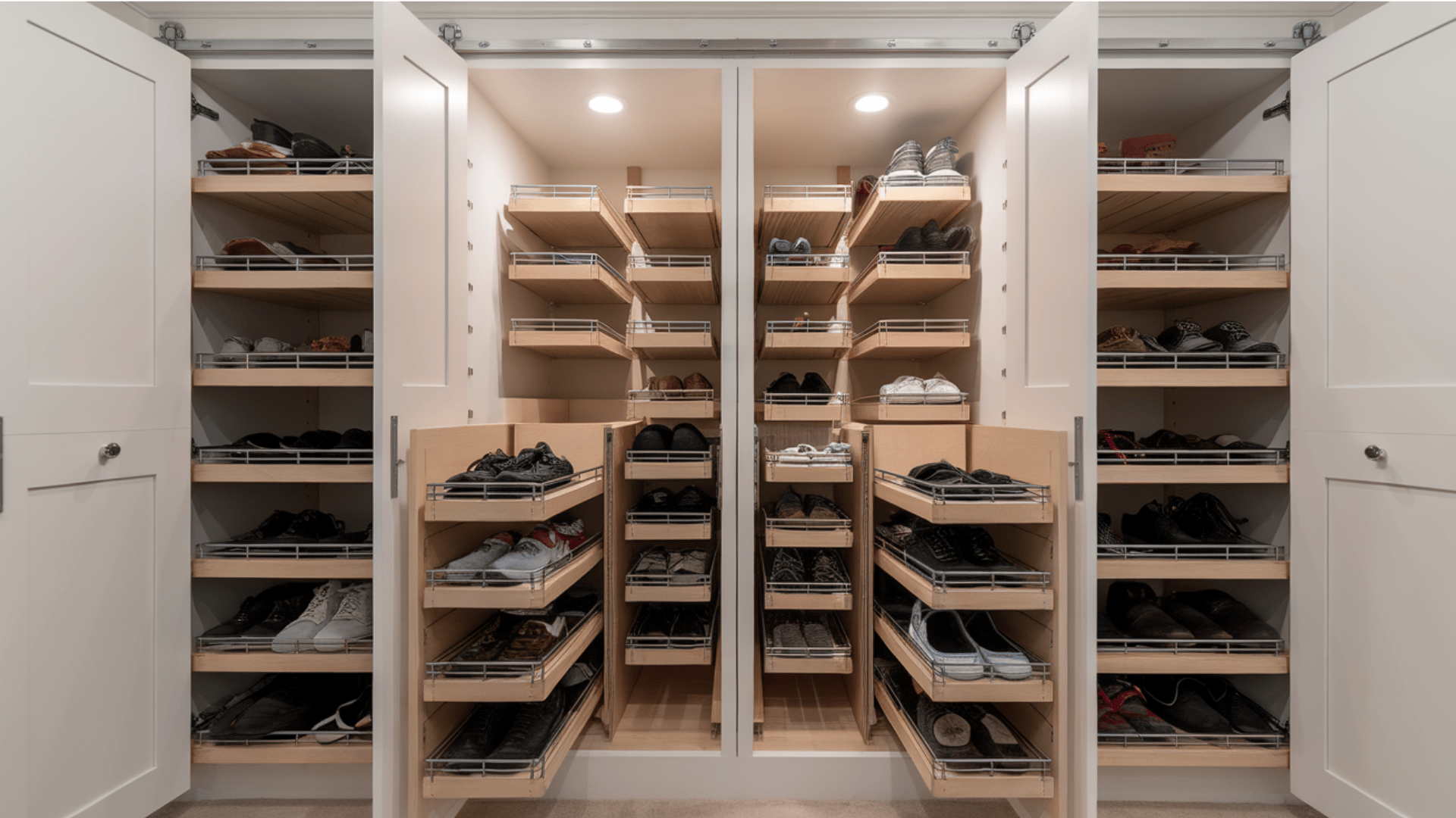 custom-built shoe storage with cubbies and pull-out racks for organized footwear in the closet