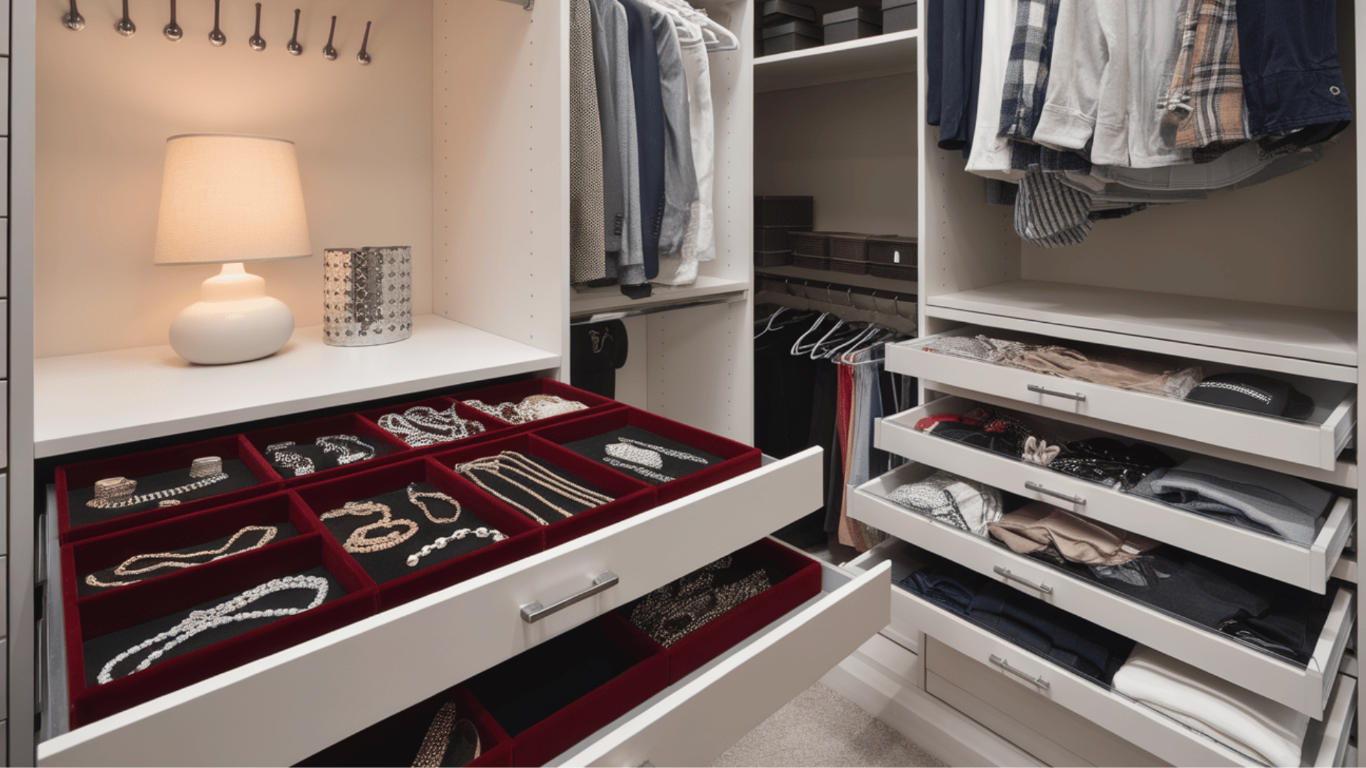 custom velvet and acrylic drawer dividers for organizing jewelry and clothing in a closet