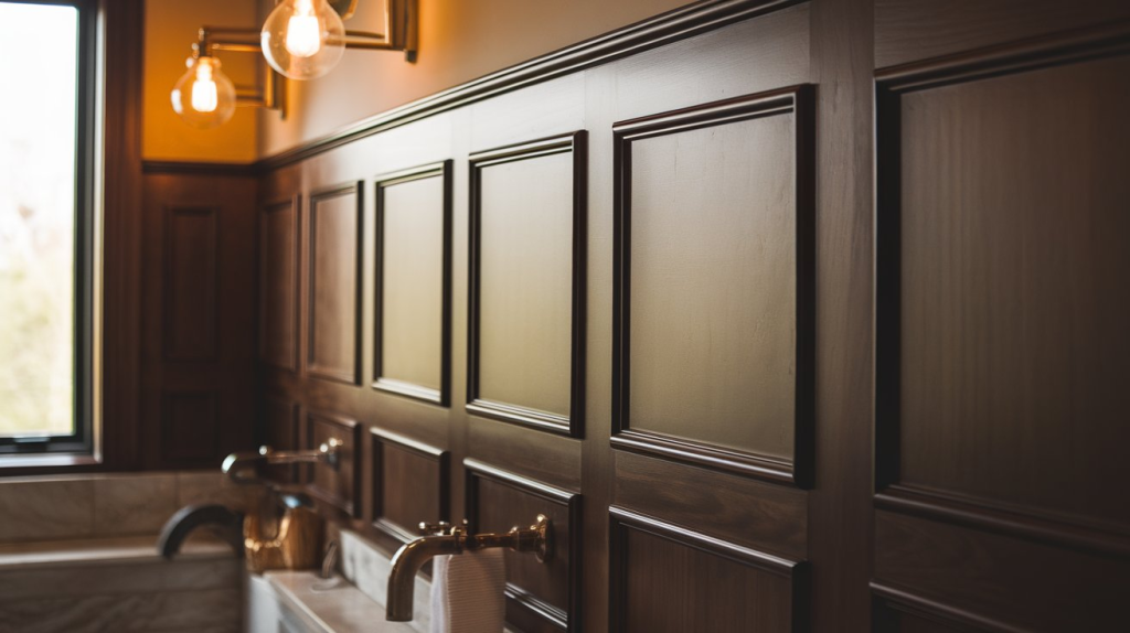 dark wood wainscoting in a small bathroom