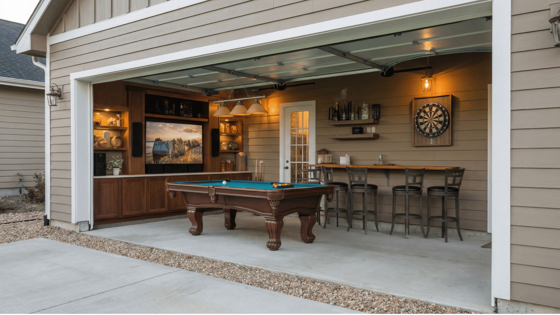 detached garage converted into a game room with seating, gaming tables, and entertainment systems