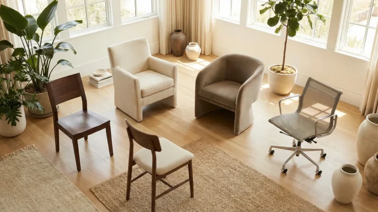 different types of chairs including dining chair armchair accent chair and office chair arranged in a bright airy room