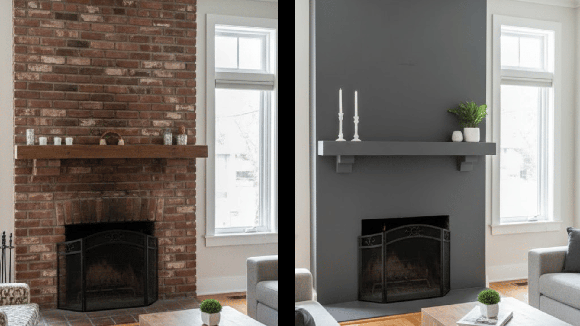 dramatic transformation from a worn red brick fireplace to a sophisticated, deep charcoal gray centerpiece.
