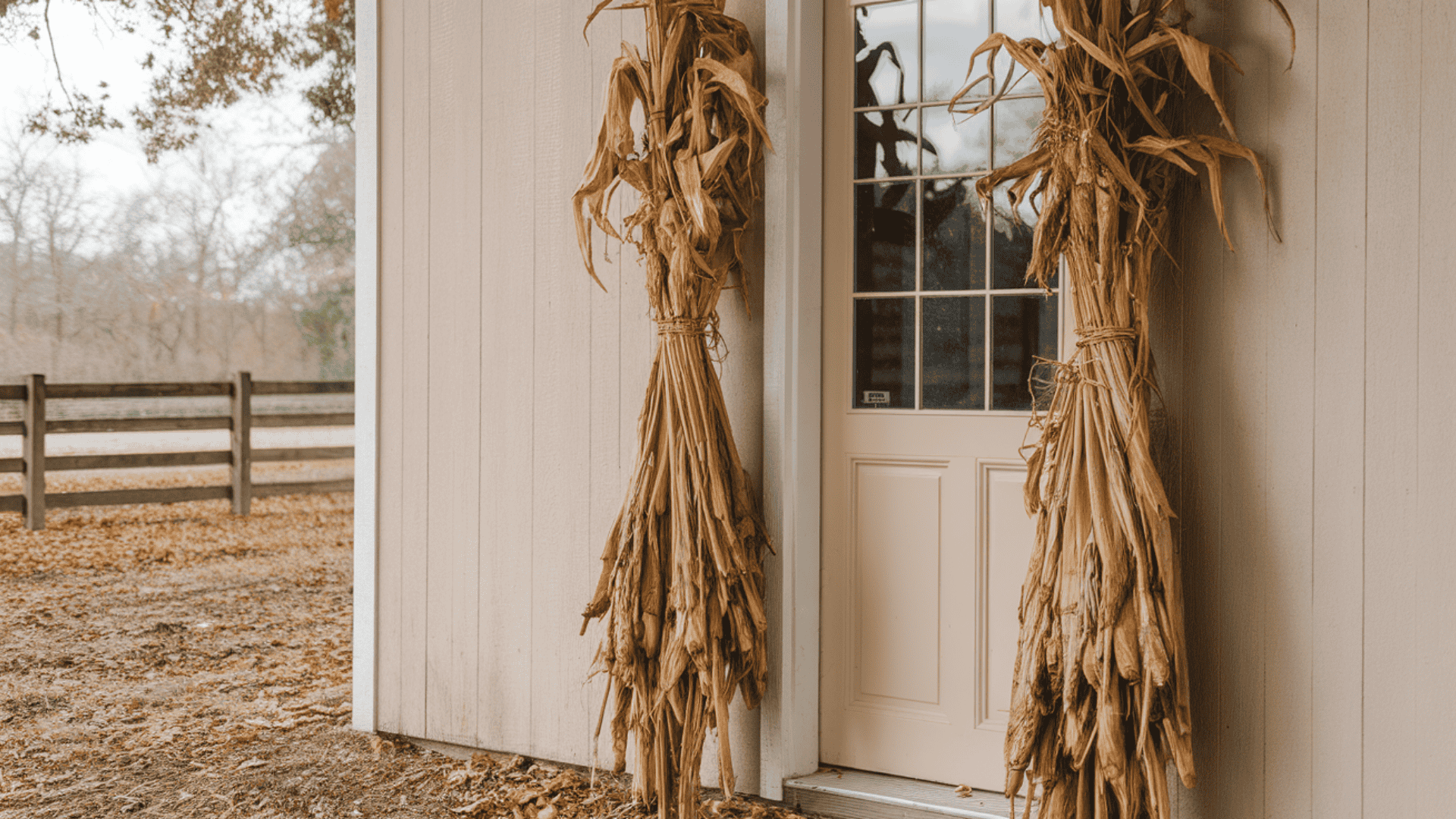 dried cornstalk bundles tied with natural twine framing both sides of a farmhouse front door
