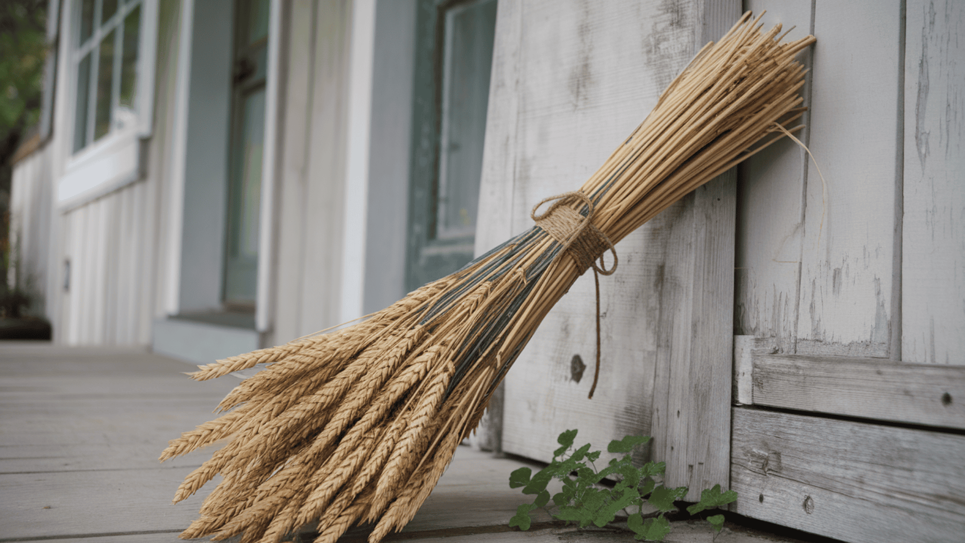 dried golden wheat bundle tied with jute twine leaning against a farmhouse porch wall in fall