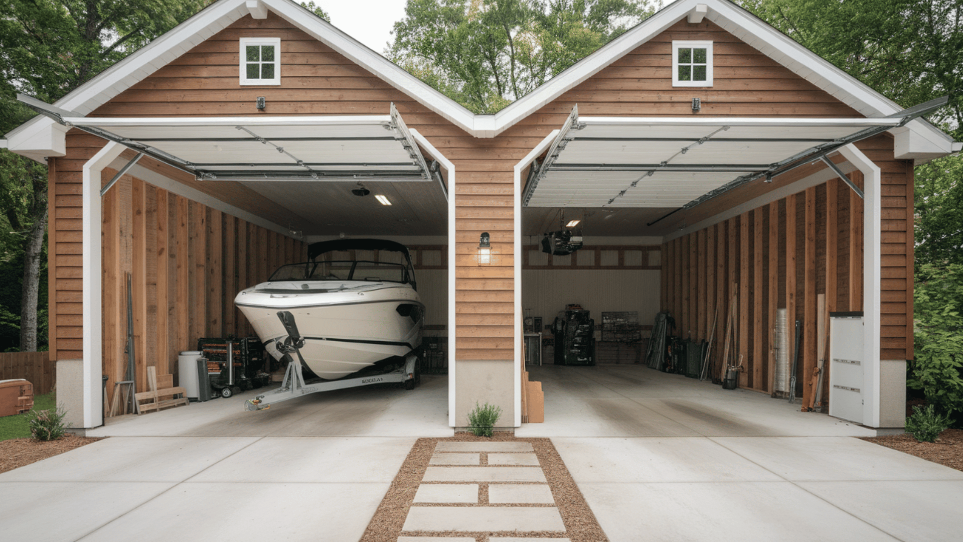 drive-through garage with doors on both sides for easy vehicle access