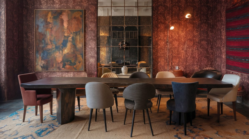 eclectic transiotonal dining room with mismatched chairs and mix of colors