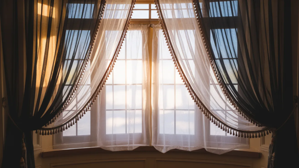 elegant curtains with dark drapes and light sheer fabric, draped beautifully over a window, with sunlight streaming through