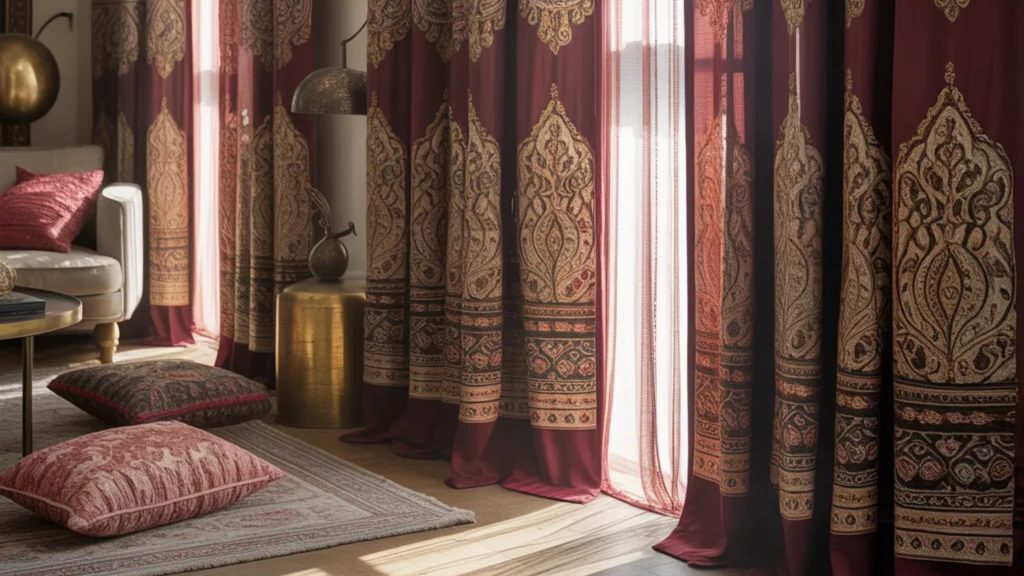 elegant curtains with intricate burgundy and gold patterns, giving a luxurious feel to the room. (1)