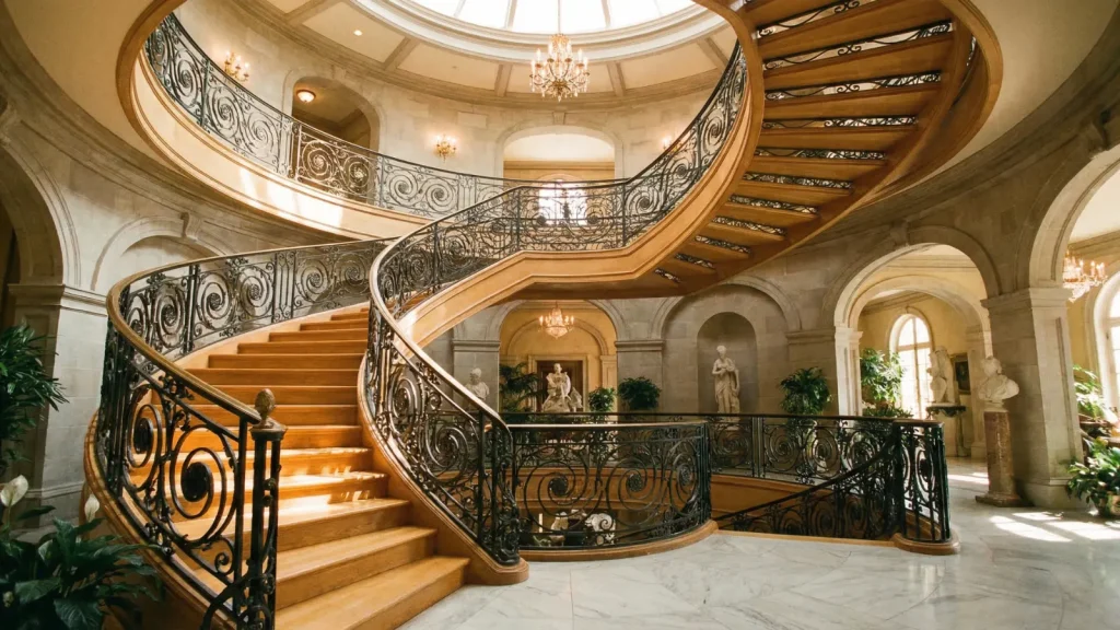 elegant spiral staircase with wrought iron railings and wood steps winding continuously between floors