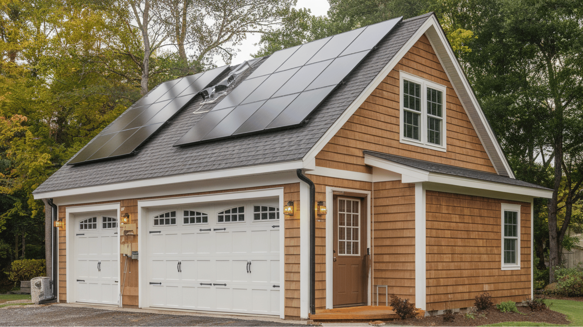 energy-efficient garage with insulation and solar panels for year-round comfort