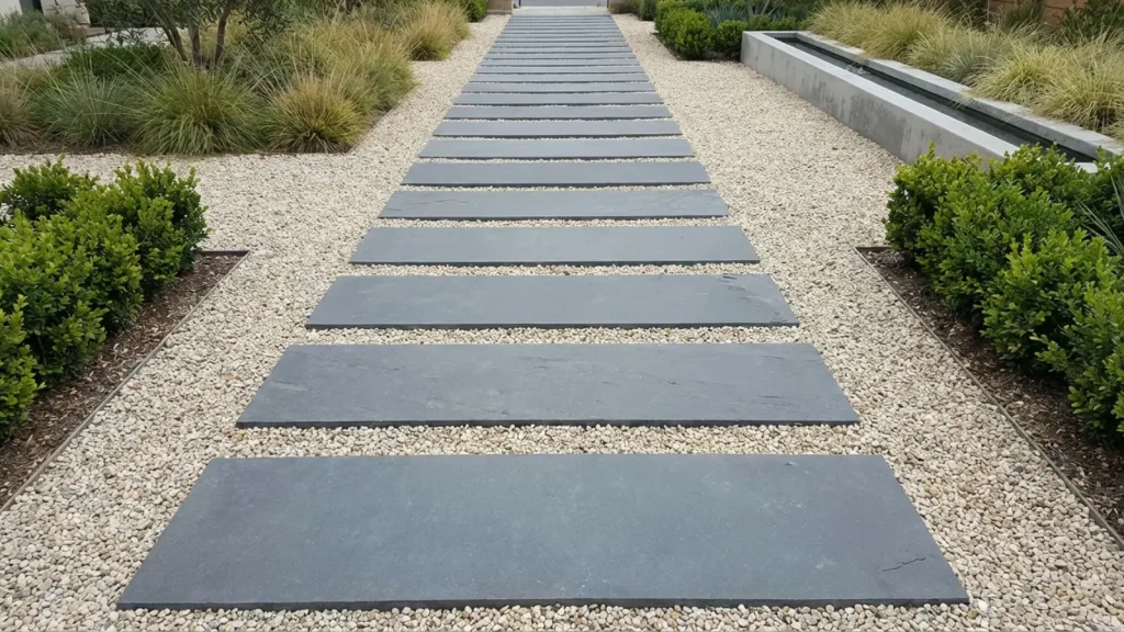 _evenly spaced square stepping stones in a symmetrical layout on gravel or grass