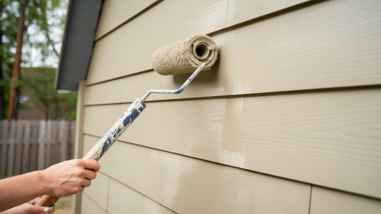exterior wall being painted with beige color by a roller brush
