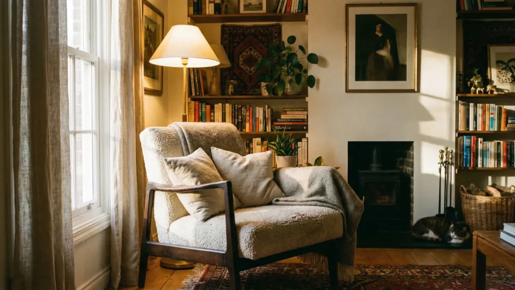 fabric upholstered wooden indoor chair placed near a window in a cozy living room with warm lighting