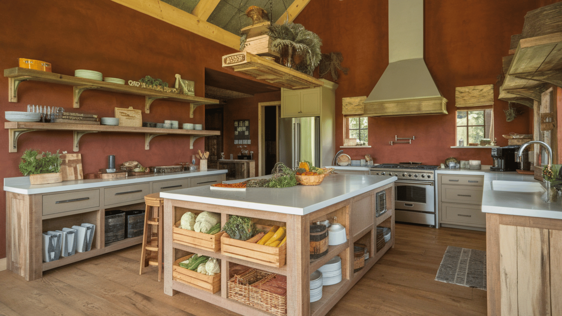 farm-to-table kitchen with a large island, prep space, and baskets for storing organic produce.