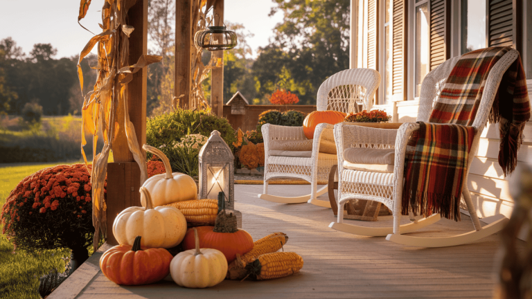 farmhouse fall porch styled with pumpkins, cornstalks, a black lantern and plaid throw on a warm fall afternoon