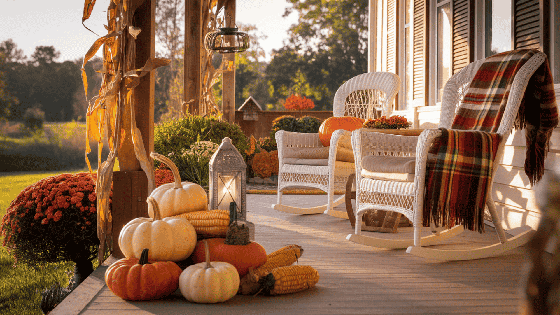 farmhouse fall porch styled with pumpkins, cornstalks, a black lantern and plaid throw on a warm fall afternoon