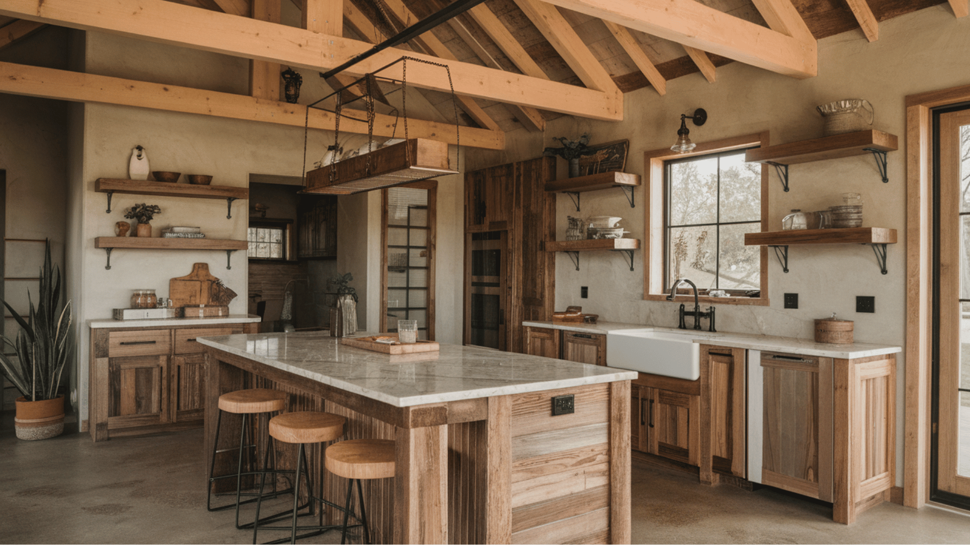farmhouse kitchen with reclaimed wood, matte black fixtures, and a porcelain farmhouse sink