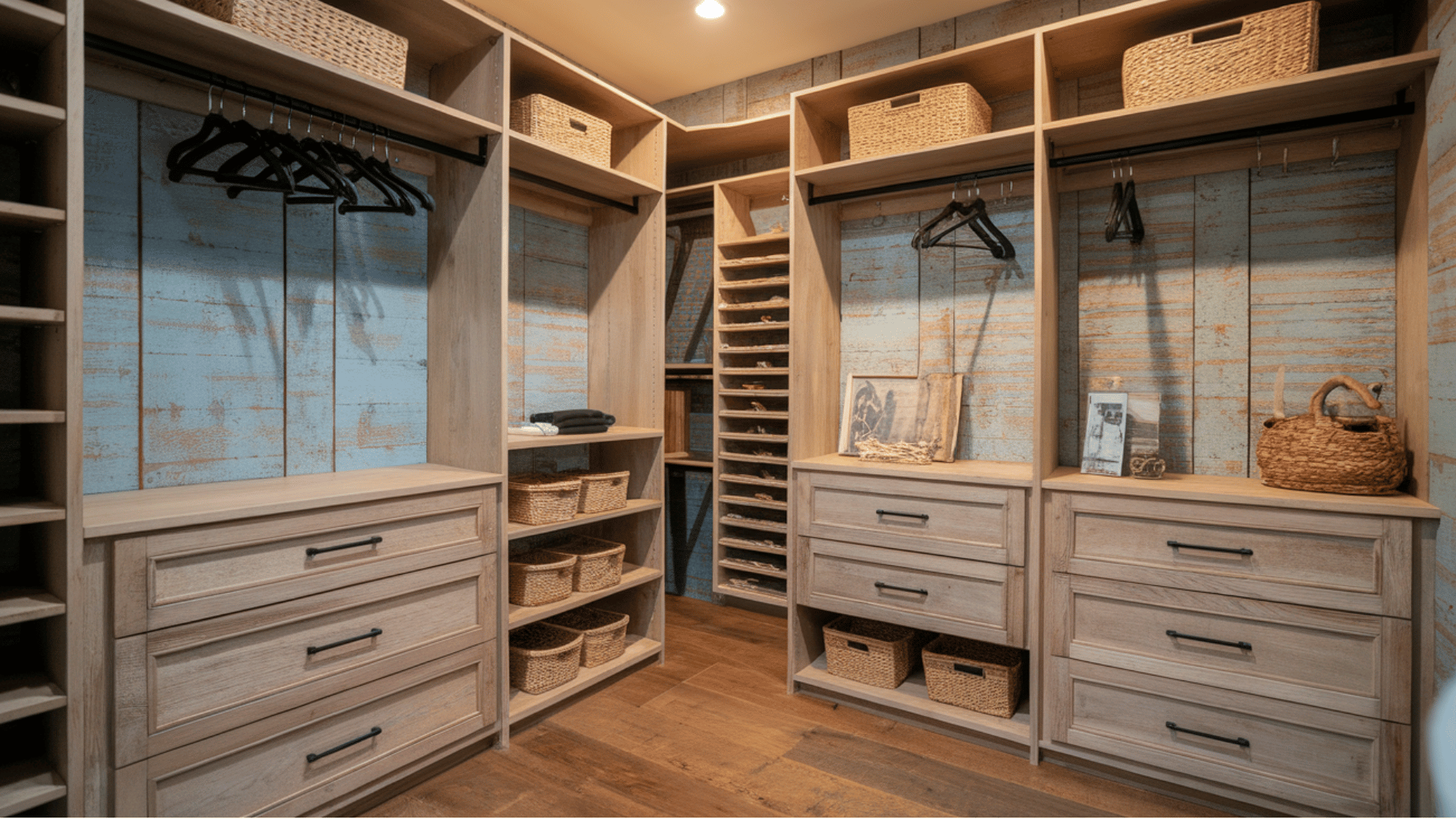 farmhouse-style closet with reclaimed wood textures, matte black hardware, and rustic design details