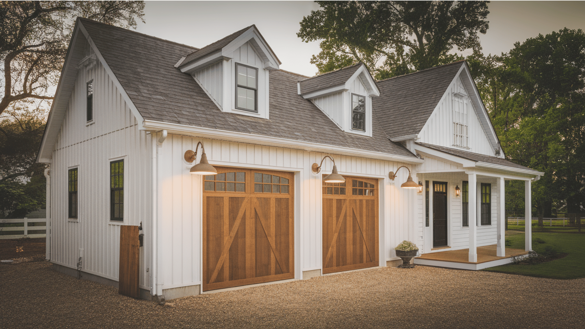 farmhouse-style garage with board-and-batten siding and barn-inspired windows