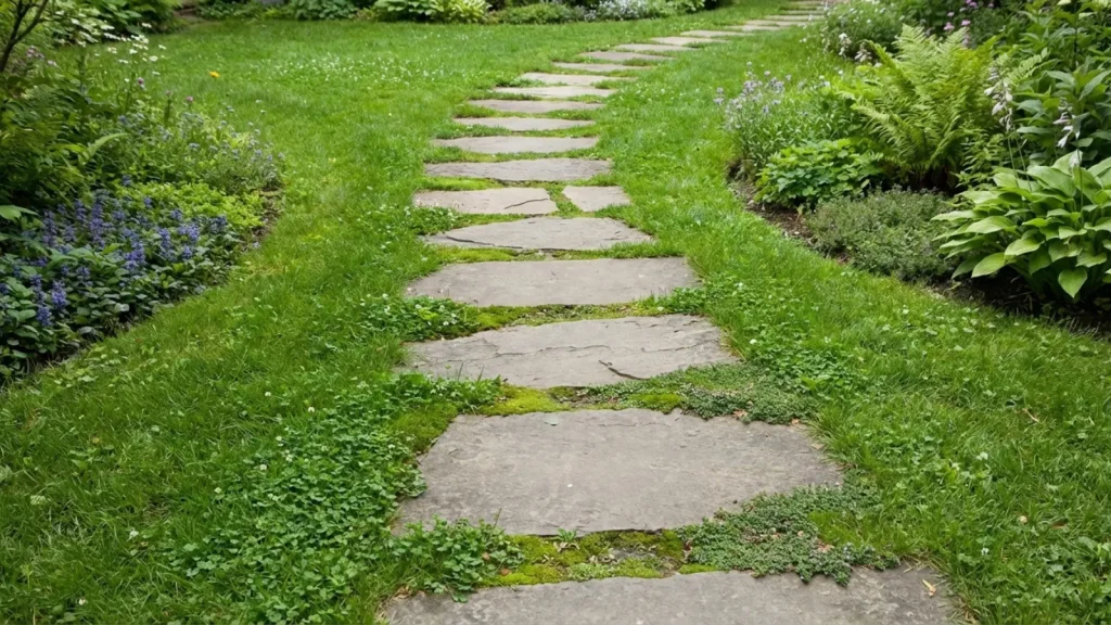 flat stepping stones set into a grass lawn with green gaps between each stone