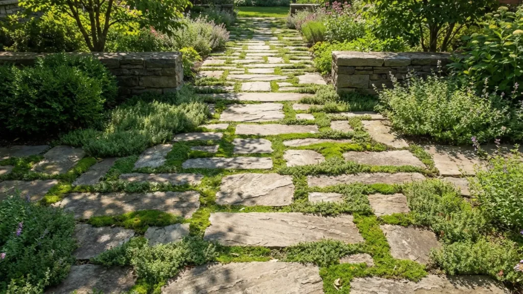 flat stones with low-growing ground cover plants filling the joints along a garden path