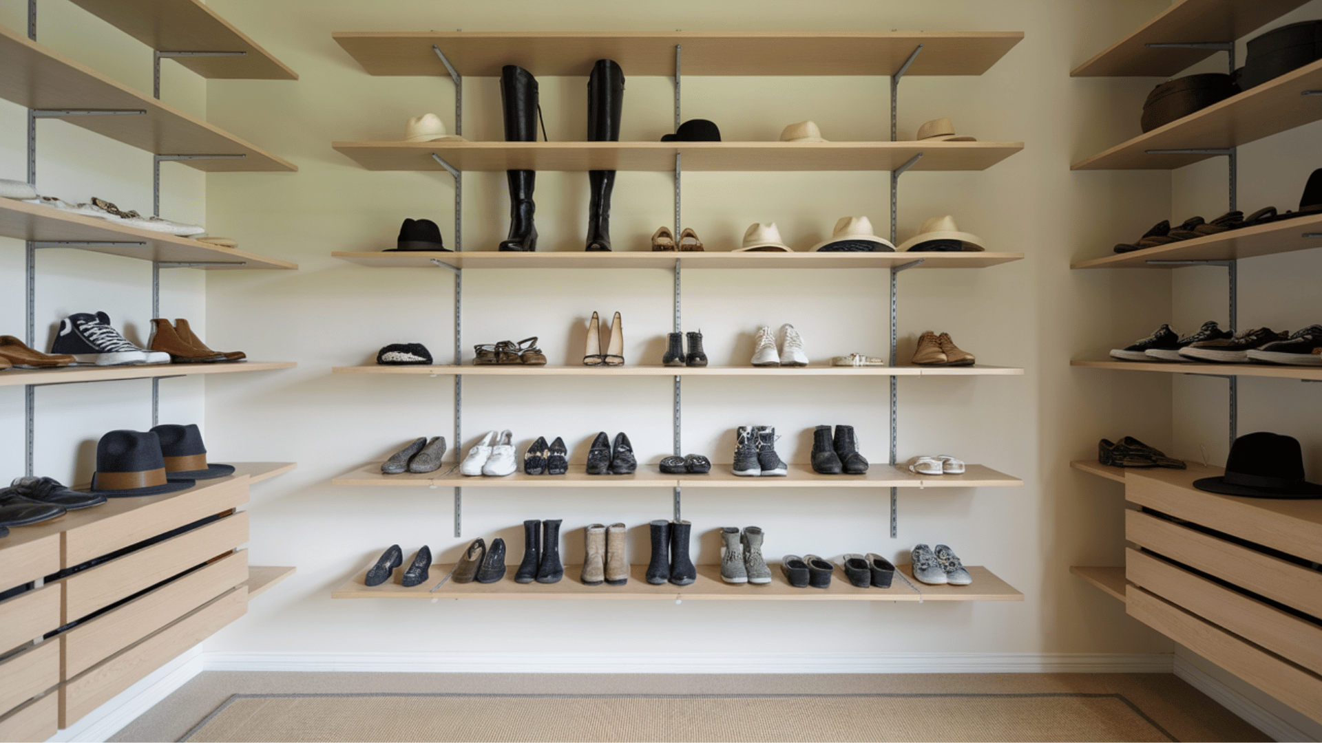 floating shelves mounted without brackets for minimalist storage of shoes or hats in a small closet