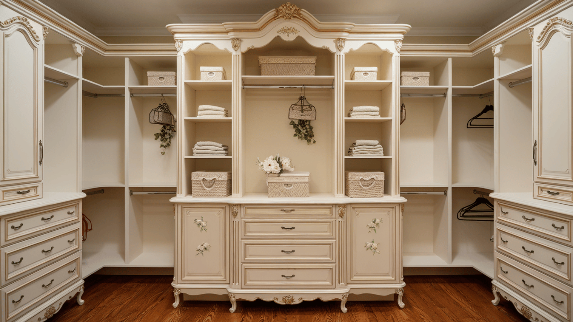 french provincial closet with cabriole legs, soft cream finishes, and gold distressing for vintage charm