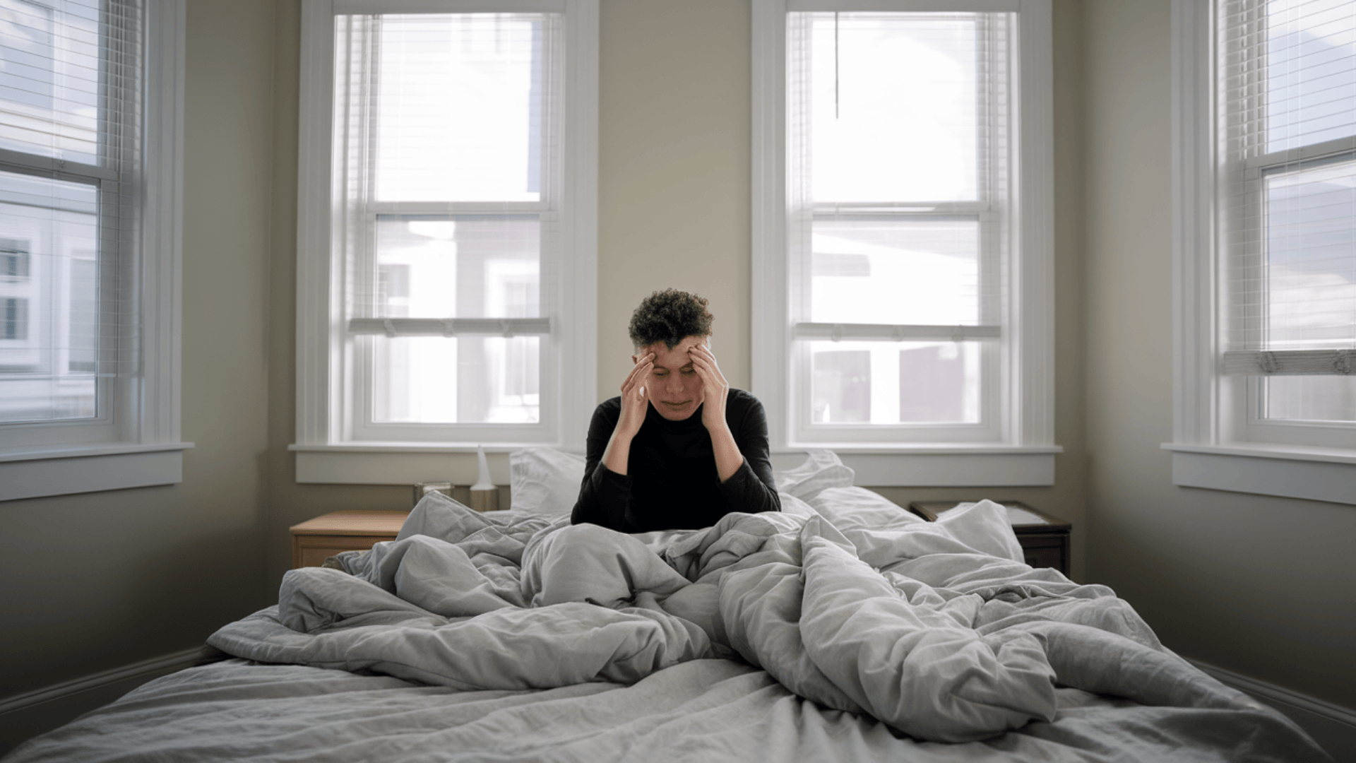 freshly painted bedroom with closed windows and person experiencing mild discomfort from indoor paint fumes