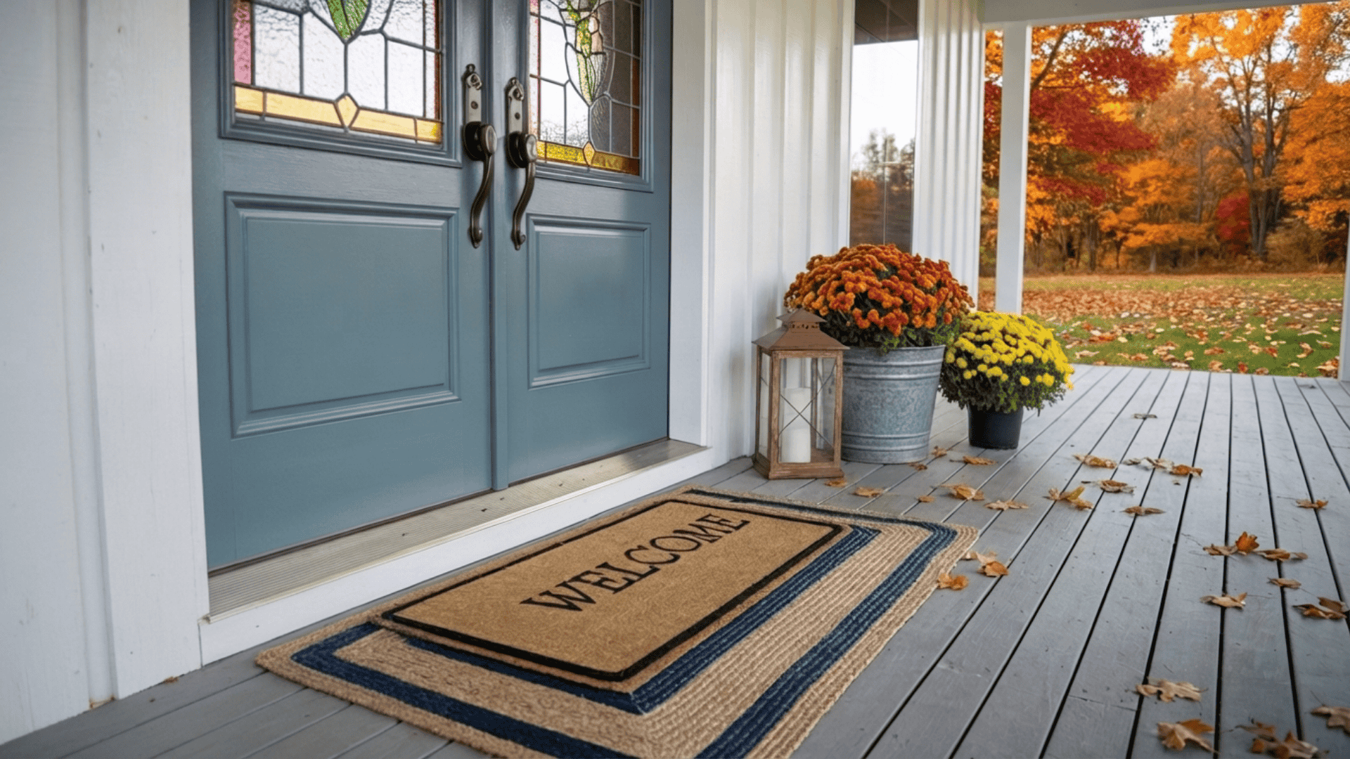 front porch with blue double doors, welcome mat, potted flowers, lantern, and autumn trees with colorful leaves in background