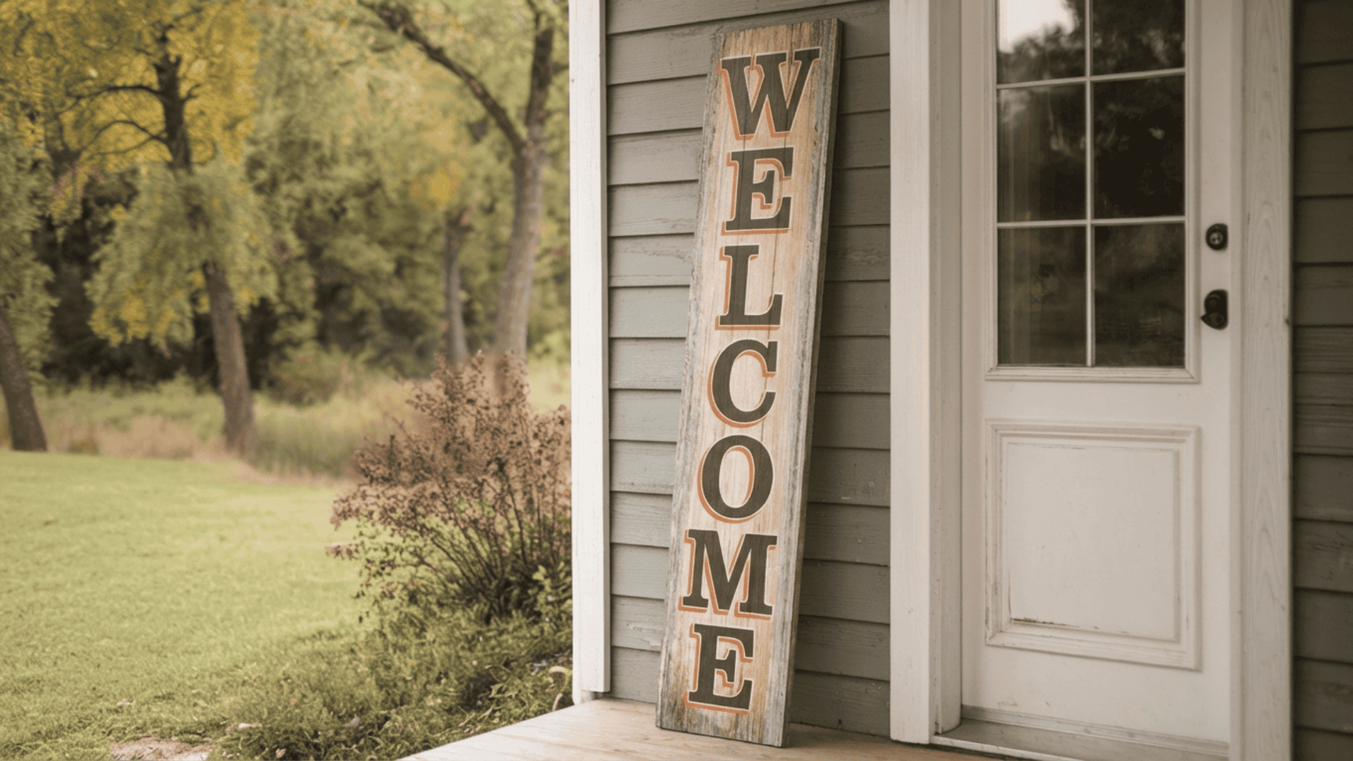 front porch with wooden welcome sign leaning against wall, white door, and green yard with trees in a quiet outdoor setting