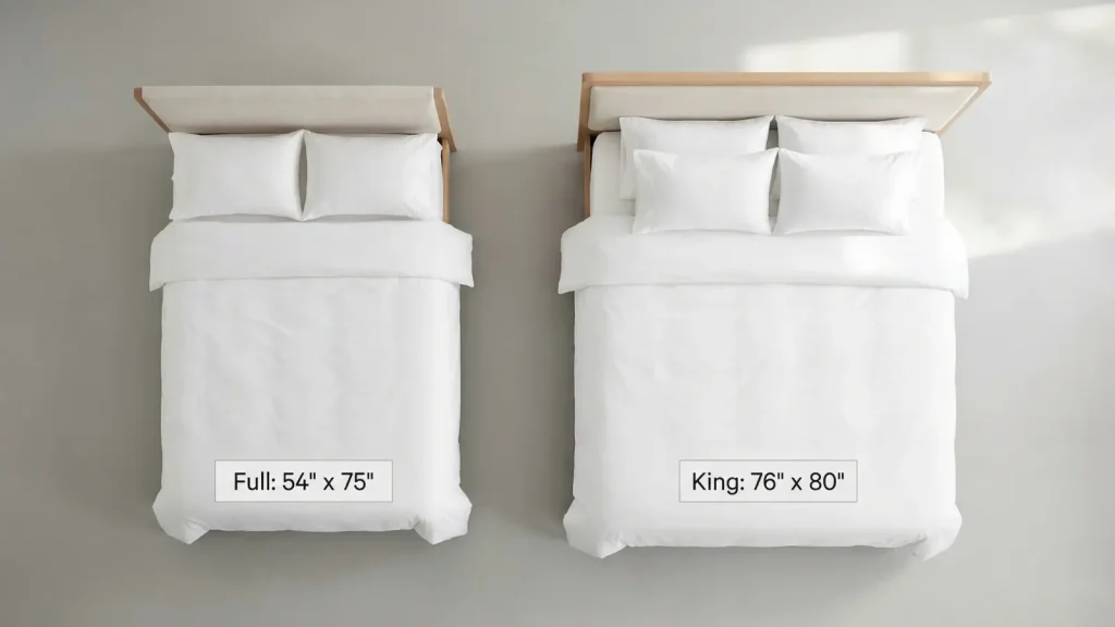 full bed and king bed size comparison shown side by side from top view with dimensions labeled