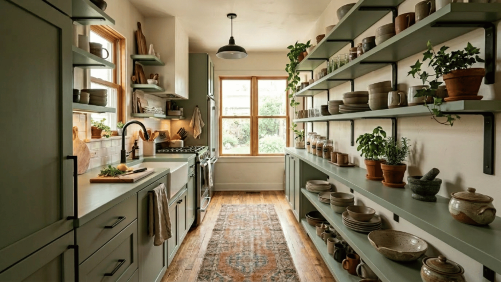 galley kitchen with sage green cabinets open wooden shelves plants ceramic dishes and warm cozy lighting
