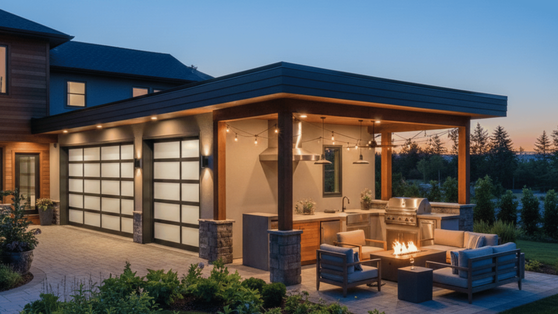 garage extension with outdoor kitchen and covered porch for added entertainment space