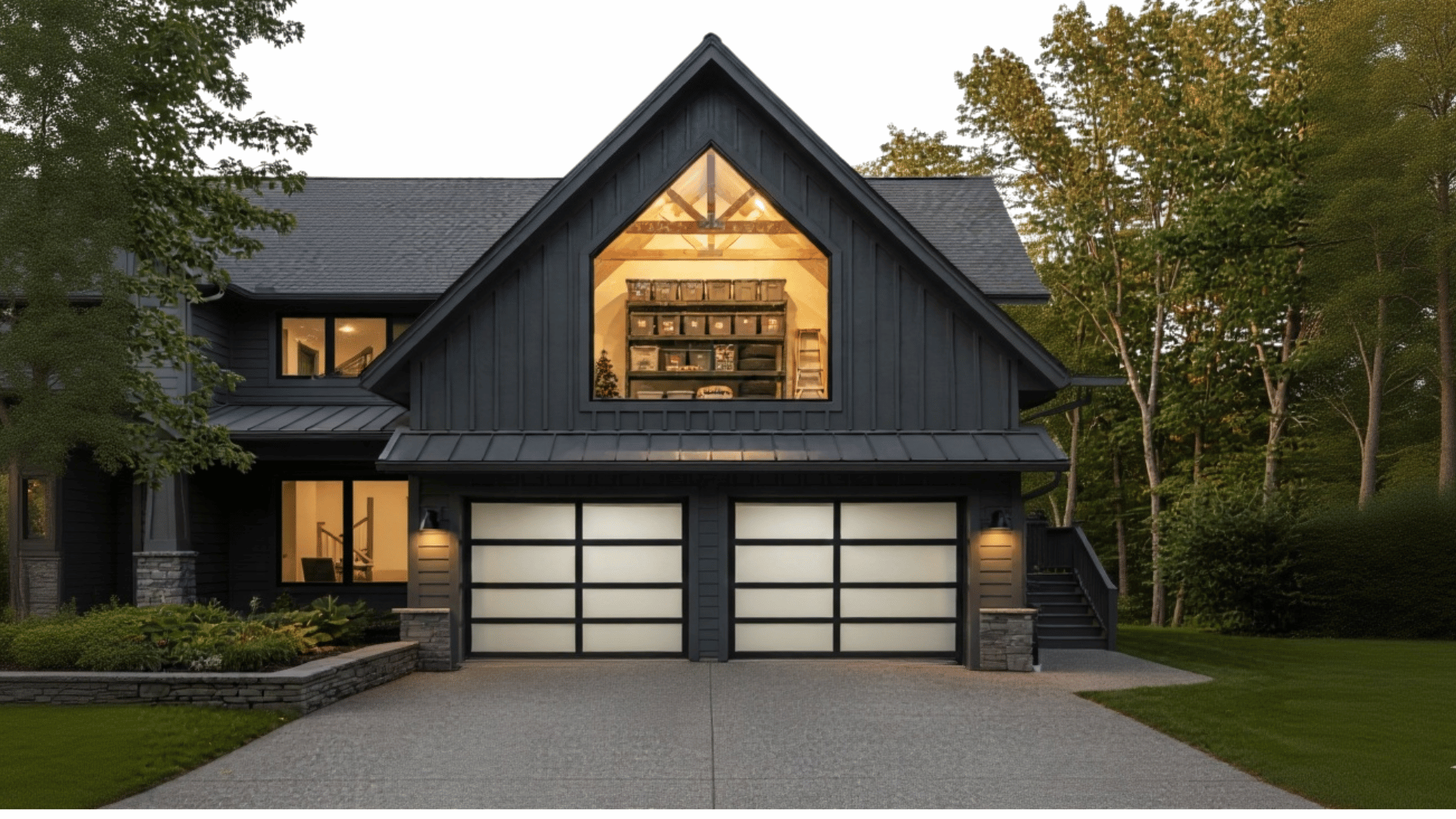 garage with high roof pitch and storage loft for seasonal gear
