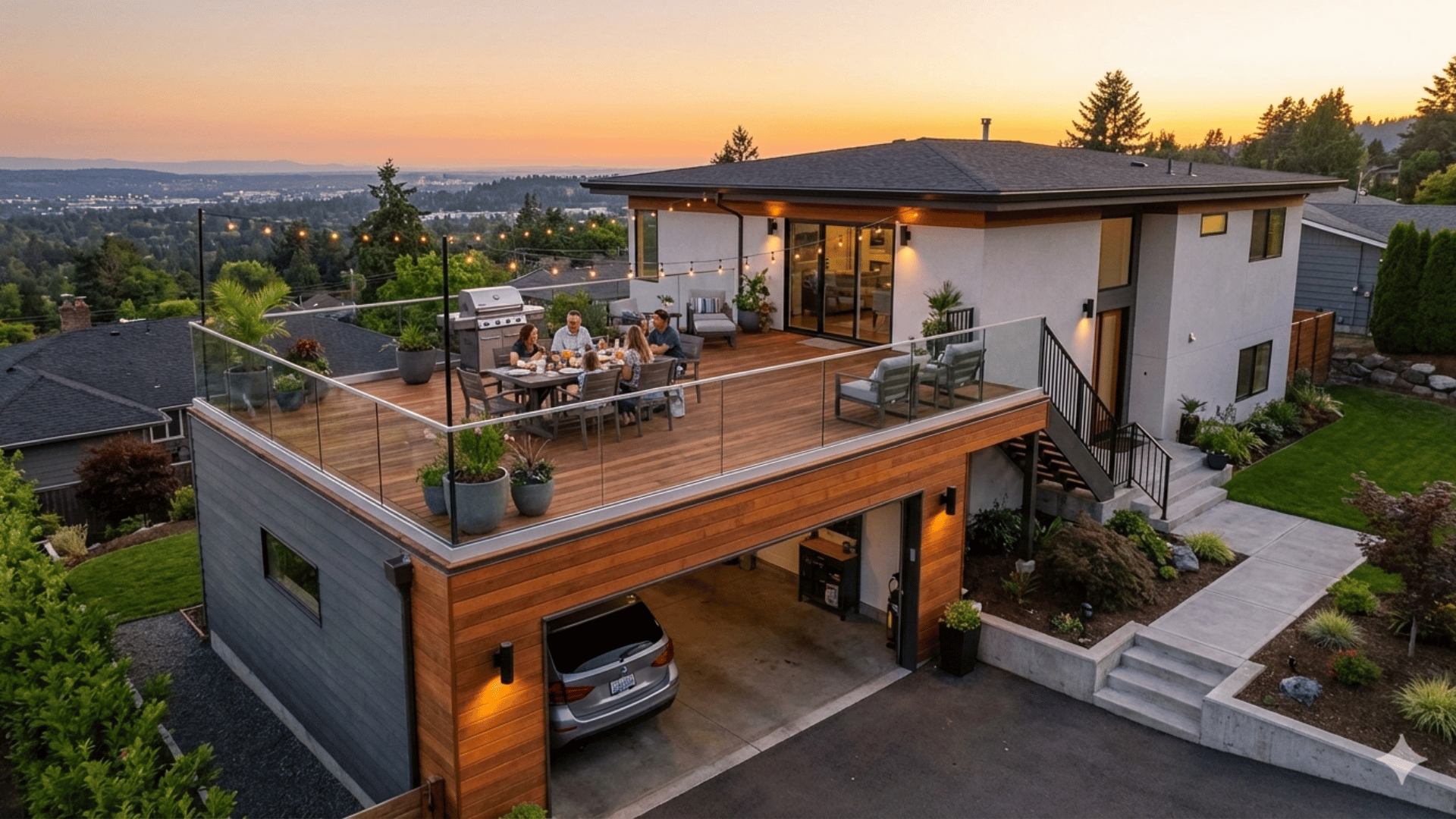 garage with rooftop deck offering an outdoor entertaining space
