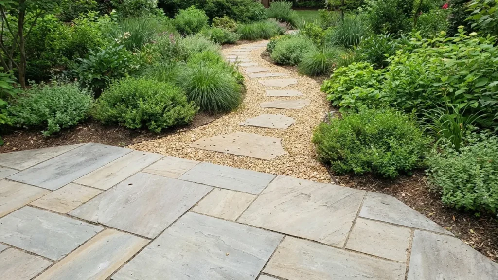 garden path extending from a patio edge into an open garden area