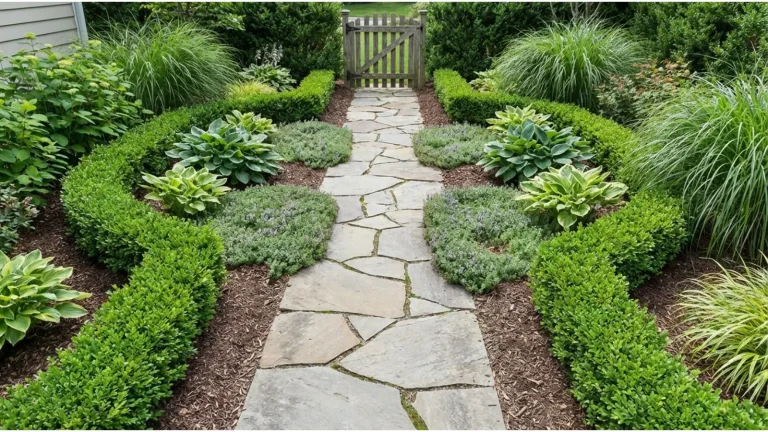 garden+path+with+mixed+plantings+on+both+sides+leading+through+an+outdoor+space