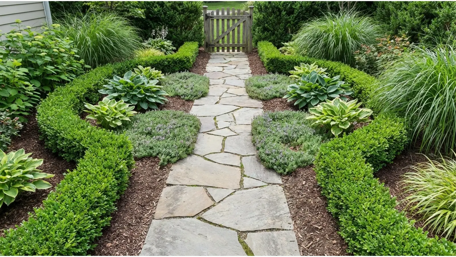 garden+path+with+mixed+plantings+on+both+sides+leading+through+an+outdoor+space