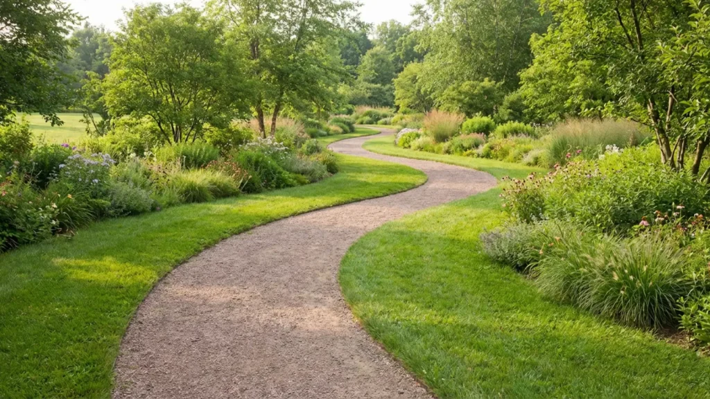 gently curved garden path bending through a large garden with plantings on both sides