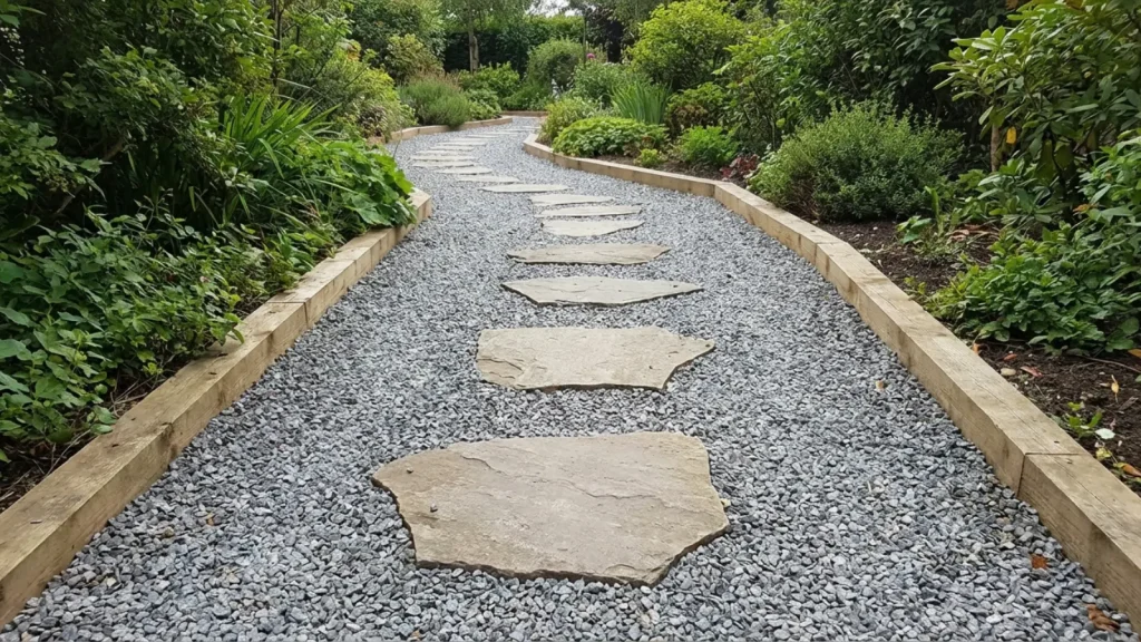 gravel path with large flat stones and edging on both sides