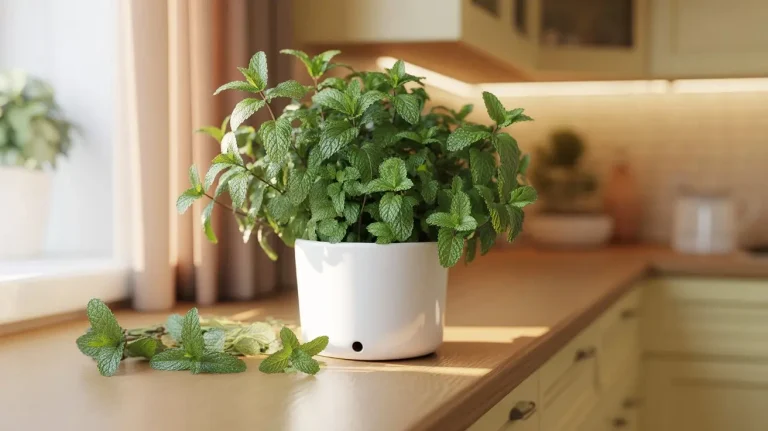 green mint plant growing in a white ceramic pot